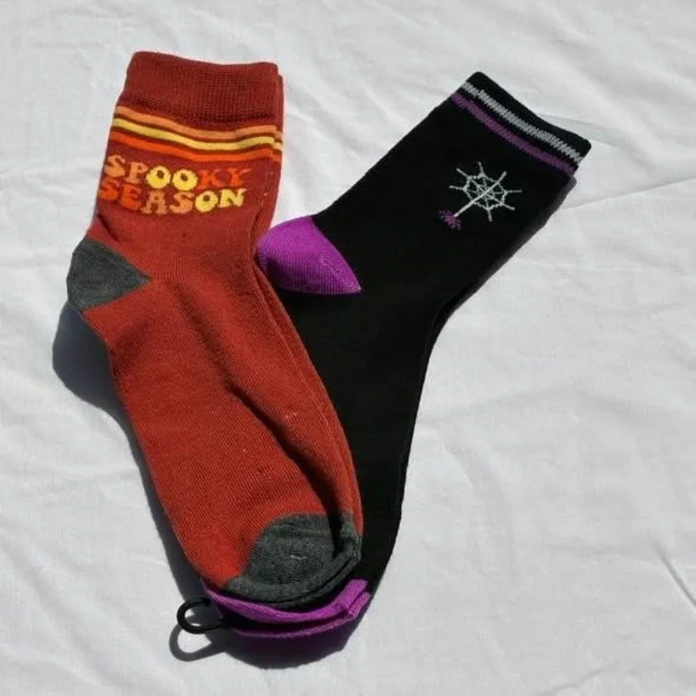 Halloween Crew Socks Black Orange Women One Size Spooky‎ Season Set of 2